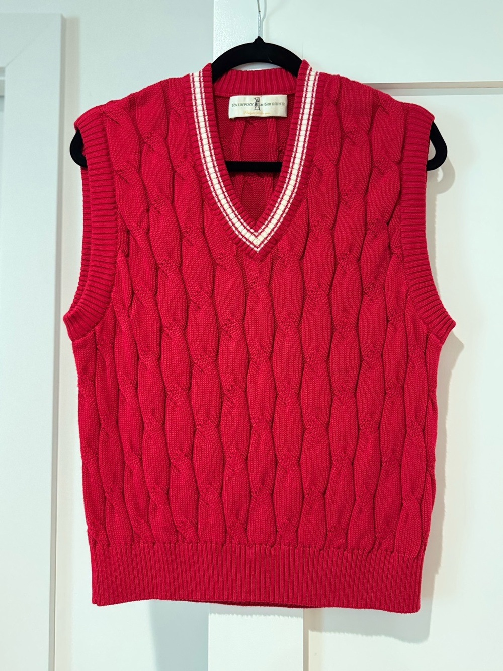 Fairway & Greene Red Cable Knit V-Neck Sweater Vest with Striped Trim